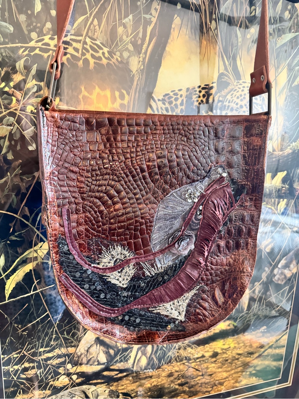 Women’s Brown Croc-Embossed Leather Shoulder Bag with Fringe Detail